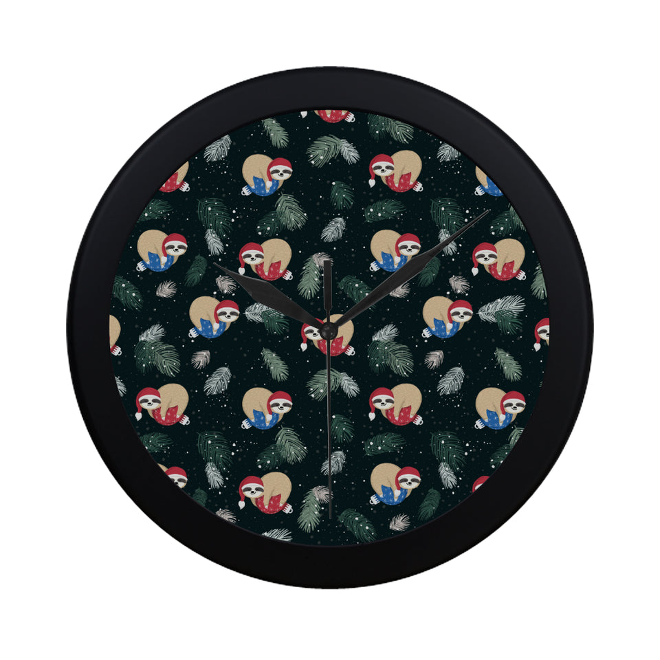 Cute sloths sleeping christmas ball santa hat patt Elegant Black Wall Clock