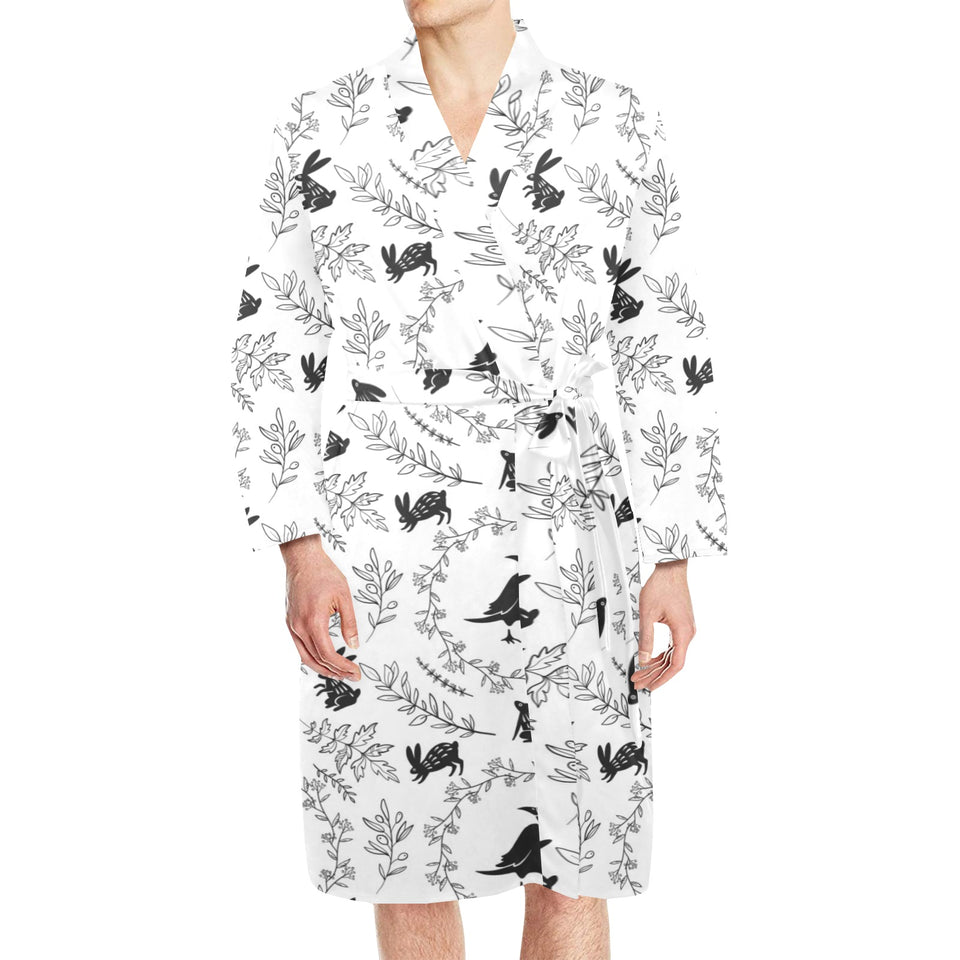 Crows floral wreath rabbit pattern Men's Long Sleeve Belted Night Robe