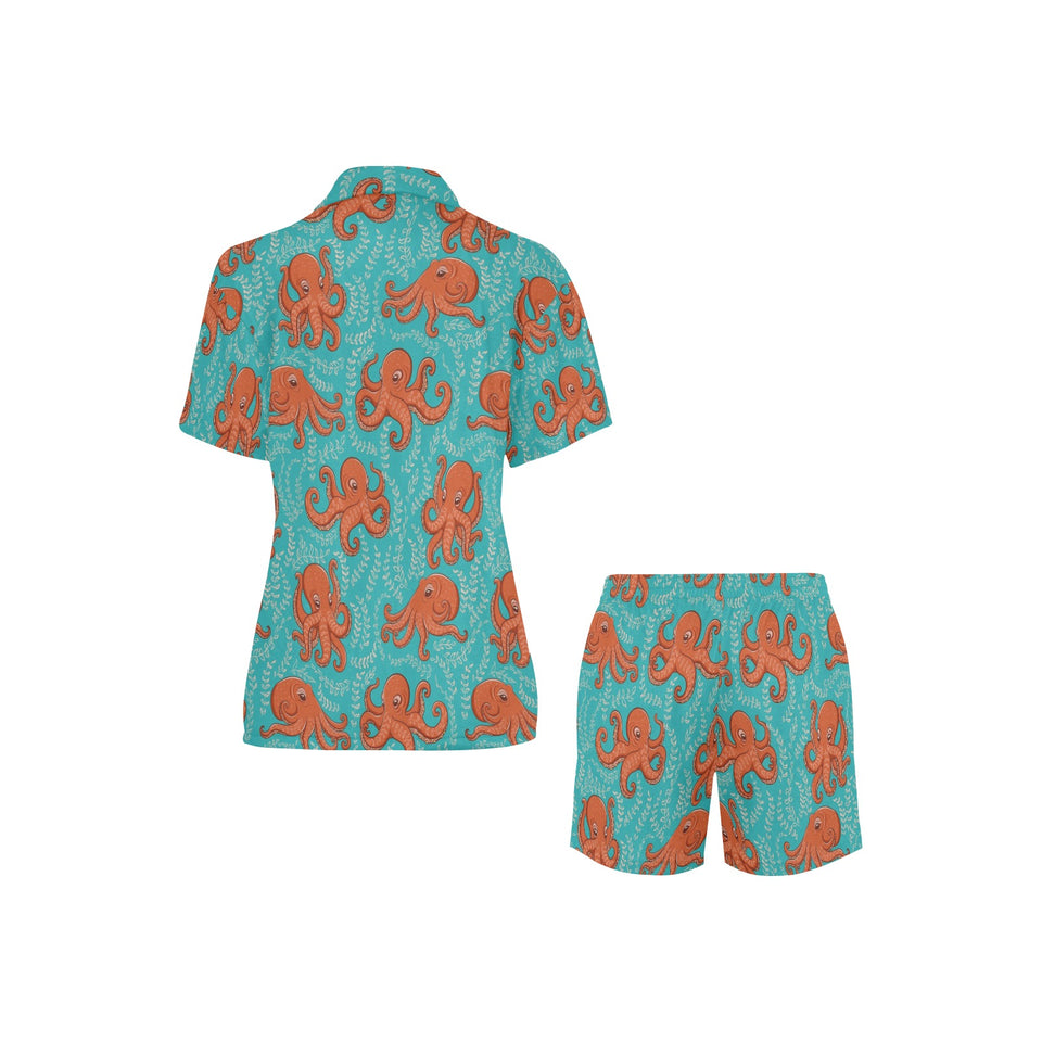 Octopus turquoise background Women's V-Neck Short Pajama Set