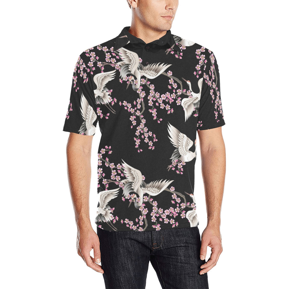 Japanese crane pink sakura pattern Men's All Over Print Polo Shirt
