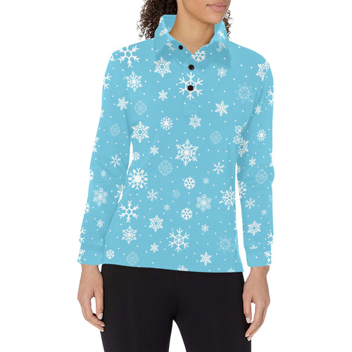 Snowflake pattern blue background Women's Long Sleeve Polo Shirt