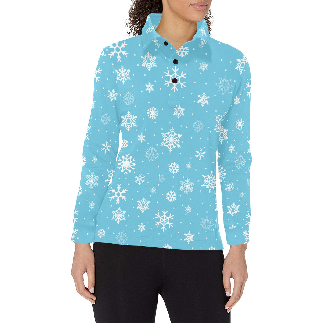 Snowflake pattern blue background Women's Long Sleeve Polo Shirt