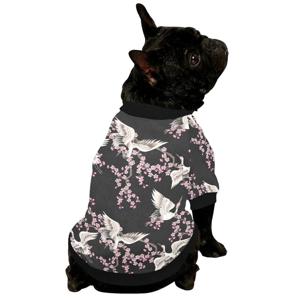Japanese crane pink sakura pattern All Over Print Pet Dog Round Neck Fuzzy Shirt