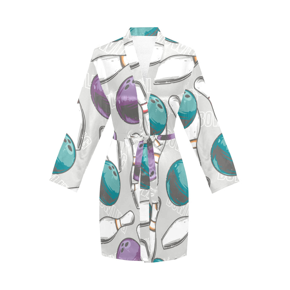 Bowling ball and pin gray background Women's Long Sleeve Belted Night Robe