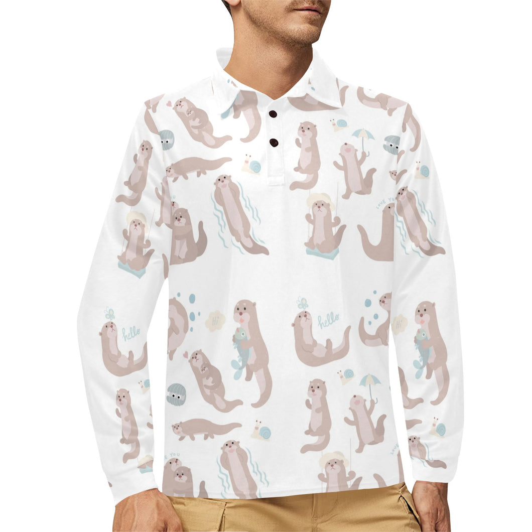 Cute sea otters pattern Men's Long Sleeve Polo Shirt