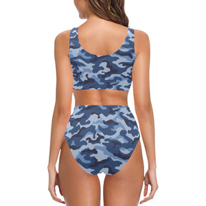 Blue camouflage pattern Chest Bowknot High Waisted Bikini Swimsuit