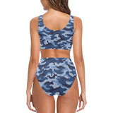 Blue camouflage pattern Chest Bowknot High Waisted Bikini Swimsuit