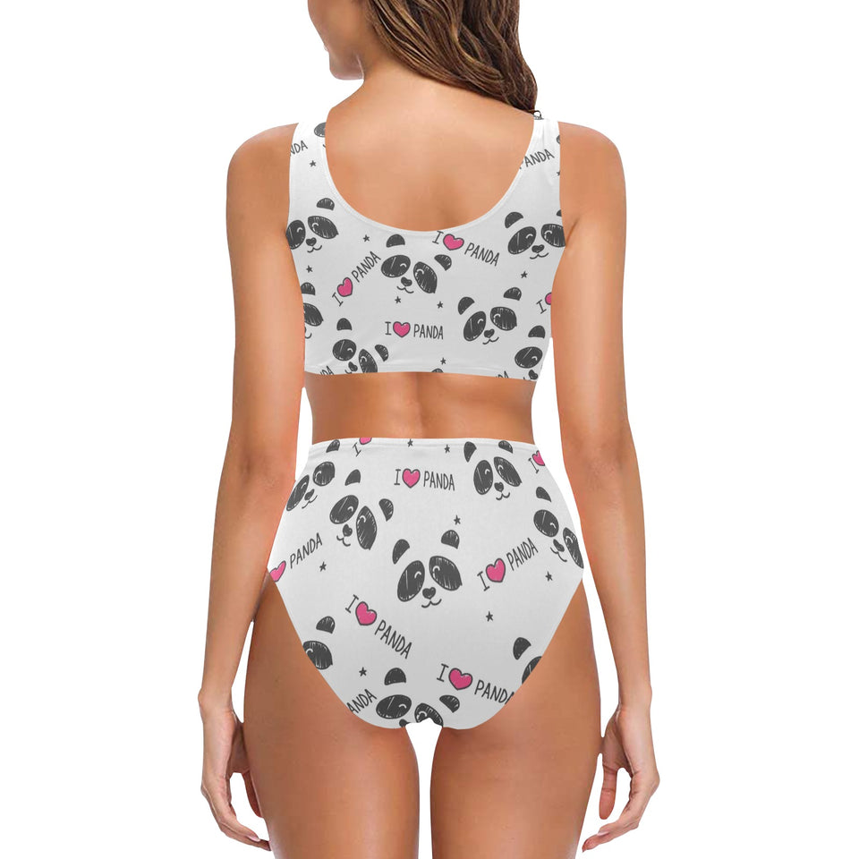 Hand Drawn faces of pandas pattern Chest Bowknot High Waisted Bikini Swimsuit