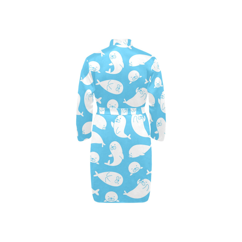 Cute white sea lion seals pattern Men's Long Sleeve Belted Night Robe