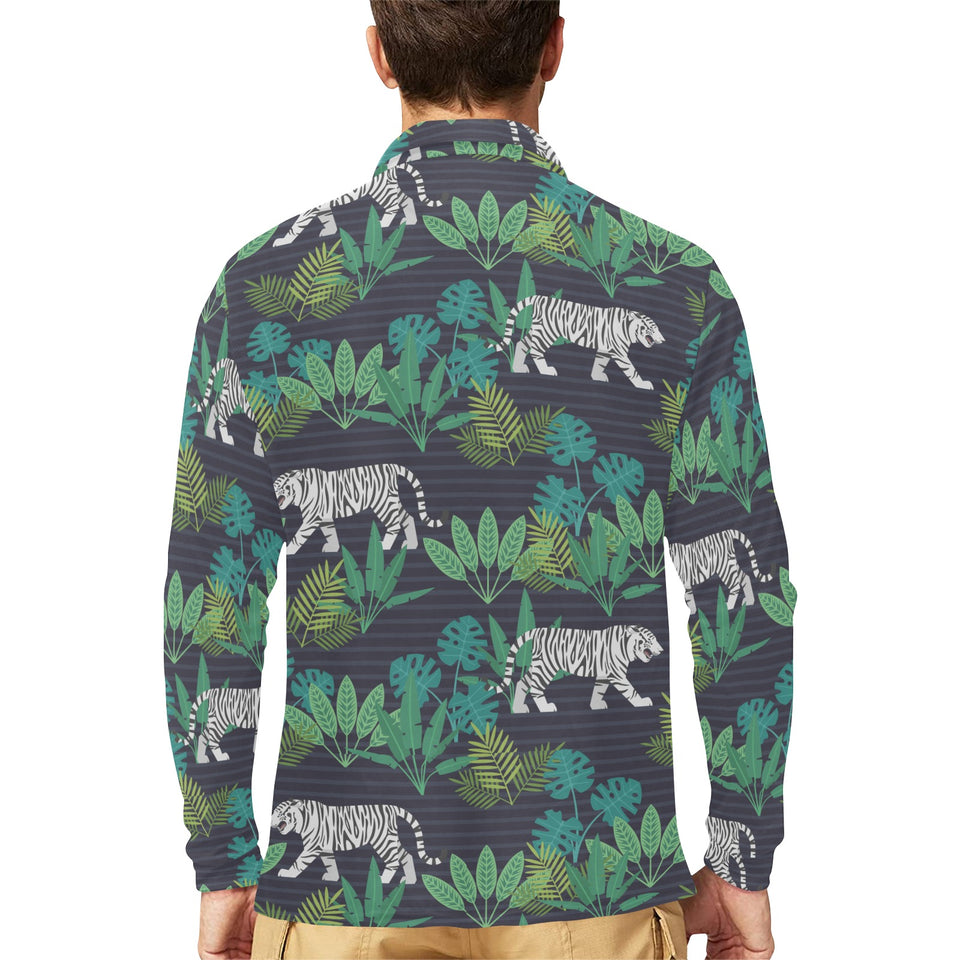 white bengal tigers tropical plant Men's Long Sleeve Polo Shirt