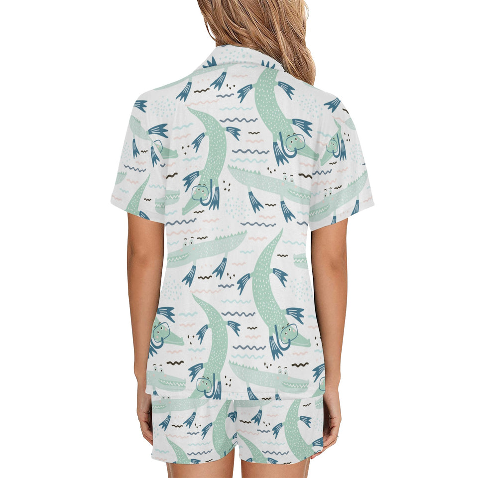 Crocodile diver pattern Women's V-Neck Short Pajama Set