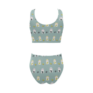 Cute hamster cheese pattern Chest Bowknot High Waisted Bikini Swimsuit