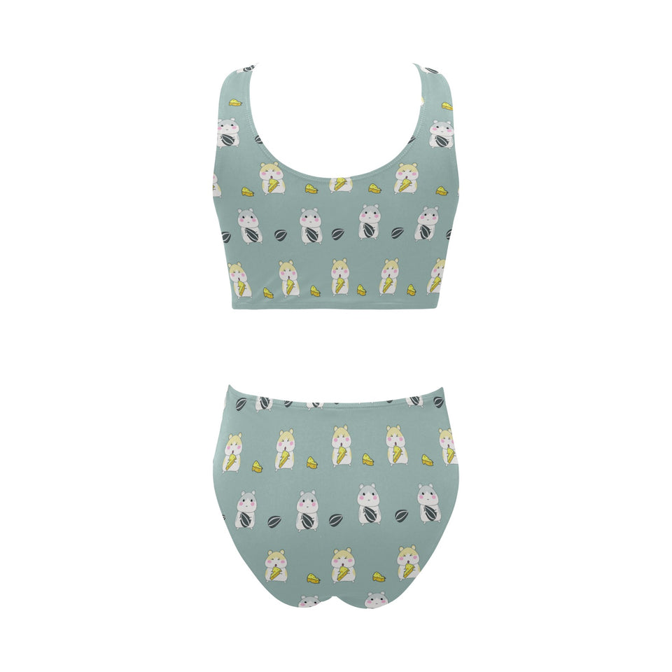 Cute hamster cheese pattern Chest Bowknot High Waisted Bikini Swimsuit