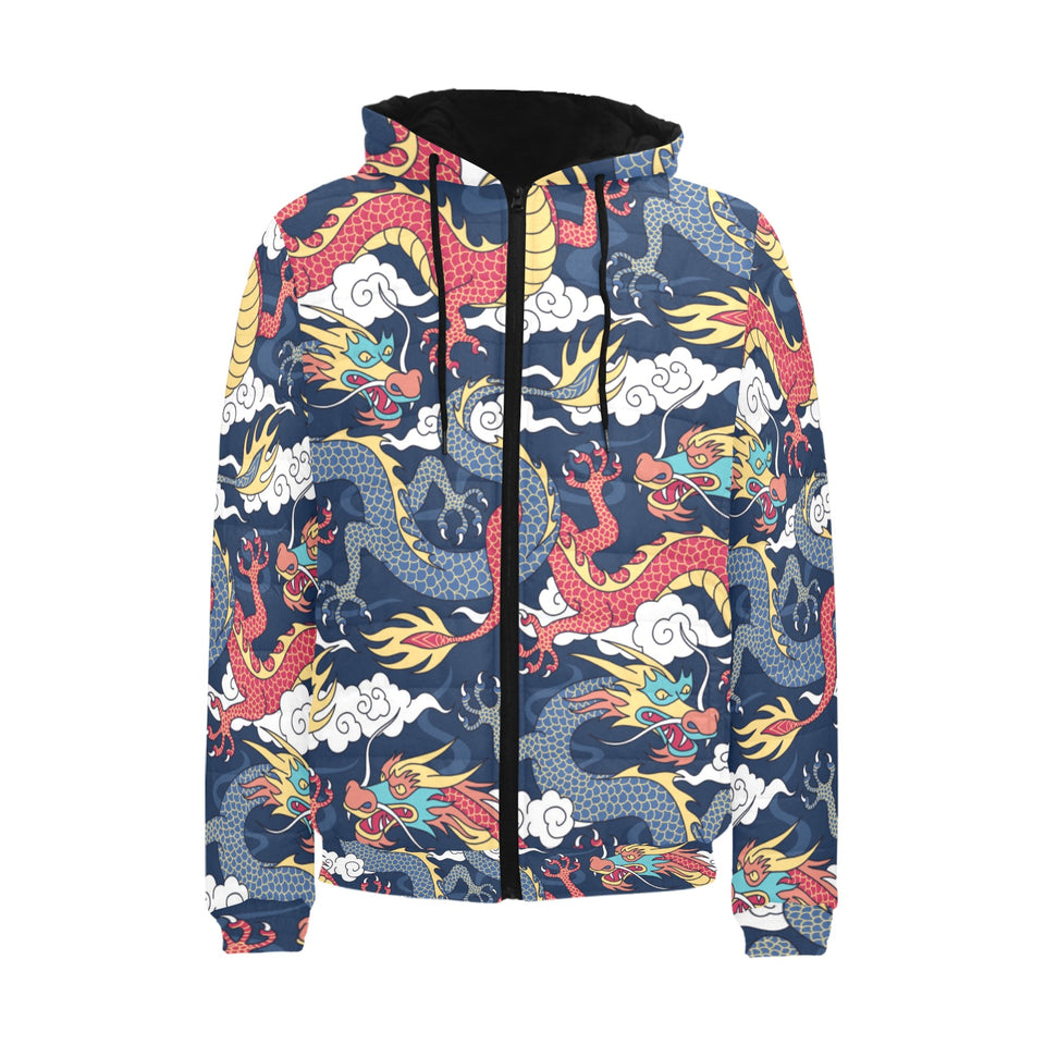 Blue red dragon cloud pattern Men's Padded Hooded Jacket