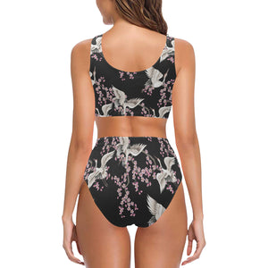 Japanese crane pink sakura pattern Chest Bowknot High Waisted Bikini Swimsuit