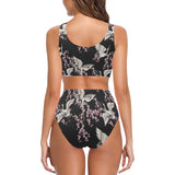 Japanese crane pink sakura pattern Chest Bowknot High Waisted Bikini Swimsuit