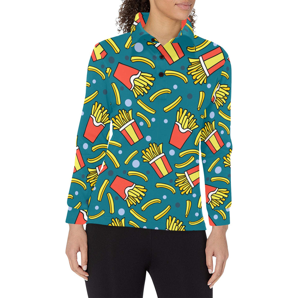 French fries red paper box pattern Women's Long Sleeve Polo Shirt