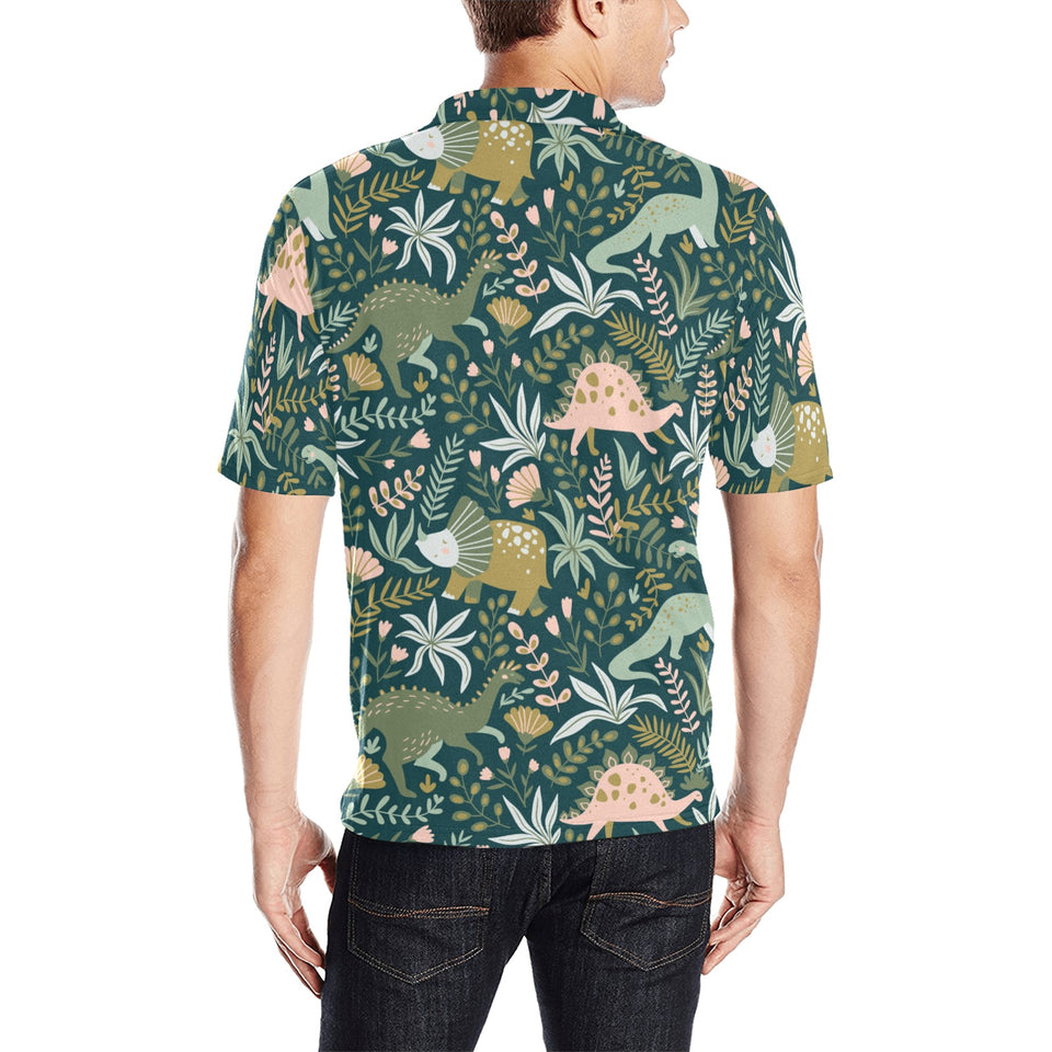 dinosaurs tropical leaves flower pattern Men's All Over Print Polo Shirt