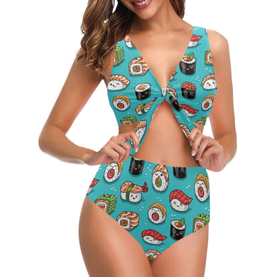 Cute sushi pattern Chest Bowknot High Waisted Bikini Swimsuit