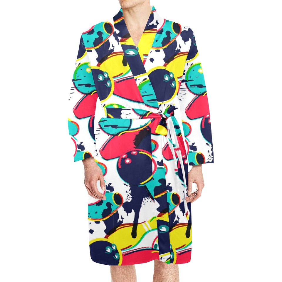 watercolor bowling ball pins Men's Long Sleeve Belted Night Robe