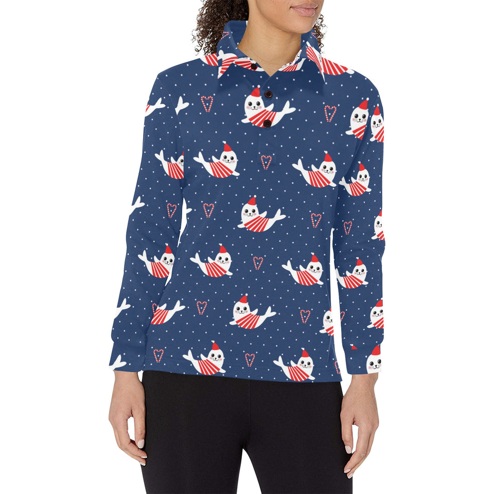 Cute sea lion seal christmas hat candy cane heart Women's Long Sleeve Polo Shirt