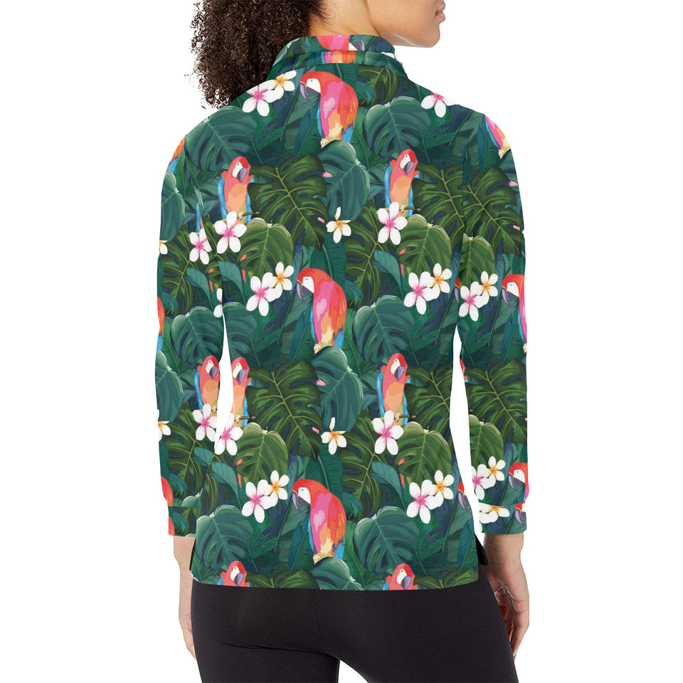 Parrot Palm tree leaves flower hibiscus pattern Women's Long Sleeve Polo Shirt