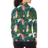 Parrot Palm tree leaves flower hibiscus pattern Women's Long Sleeve Polo Shirt