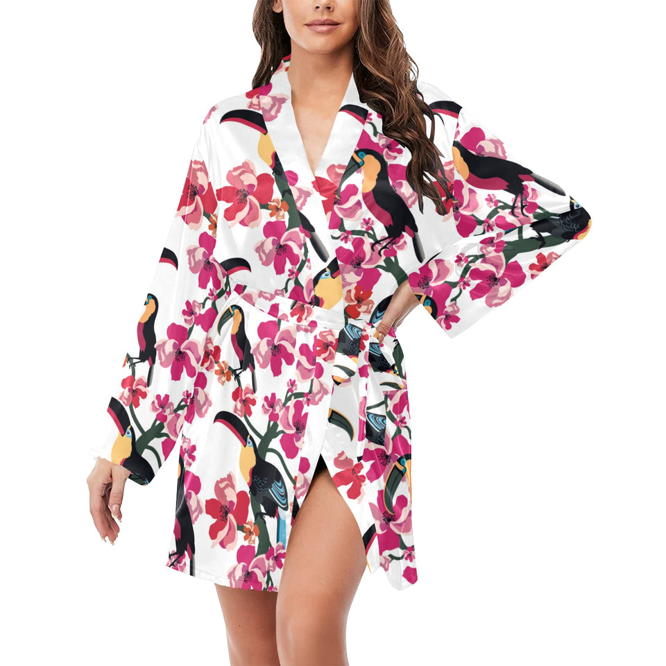 Toucan flower design pattern Women's Long Sleeve Belted Night Robe