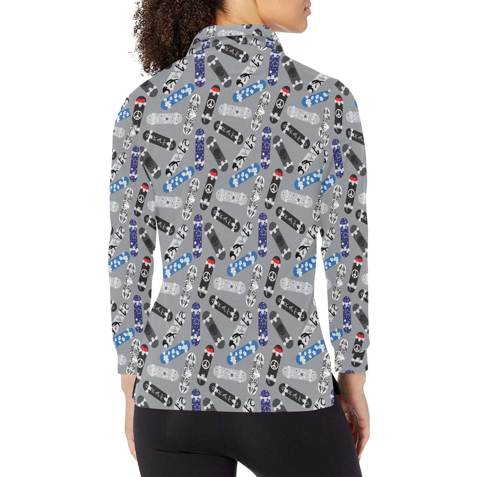 Skate Board Pattern Print Design 03 Women's Long Sleeve Polo Shirt