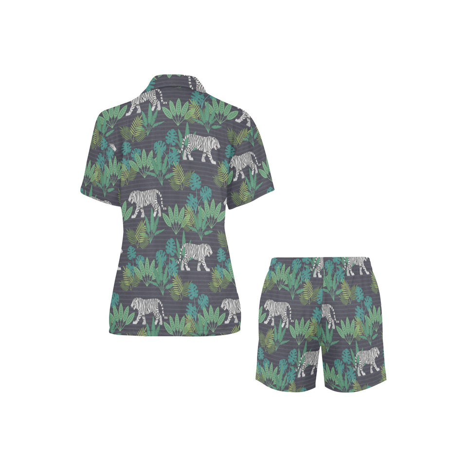 white bengal tigers tropical plant Women's V-Neck Short Pajama Set