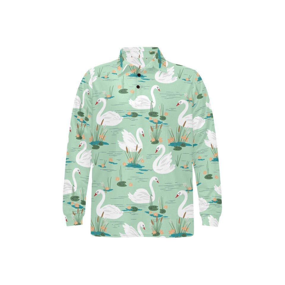 White swan lake pattern Men's Long Sleeve Polo Shirt