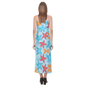Blue red orange starfish pattern V-Neck Open Fork Long Dress