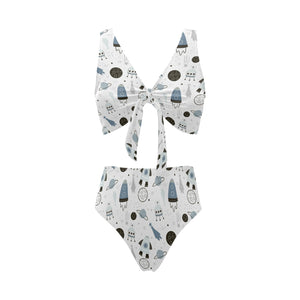 Hand drawn space elements space rocket star planet Chest Bowknot High Waisted Bikini Swimsuit