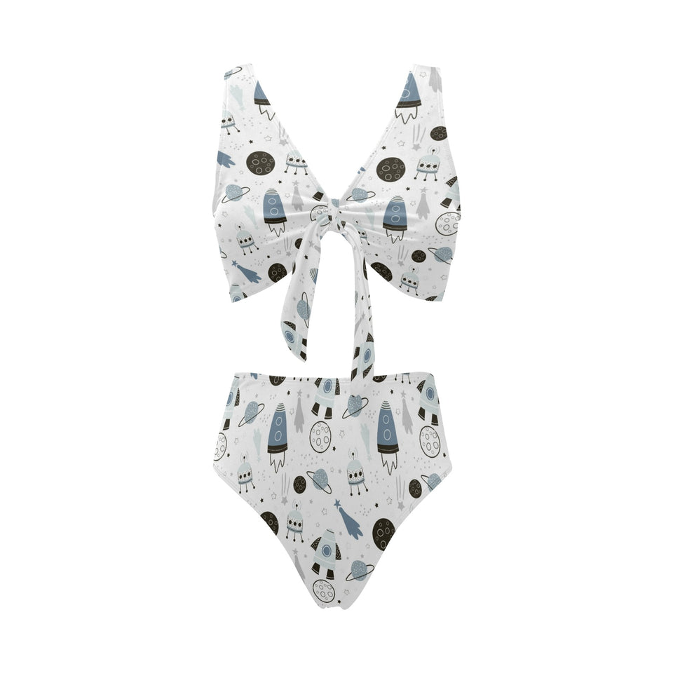 Hand drawn space elements space rocket star planet Chest Bowknot High Waisted Bikini Swimsuit