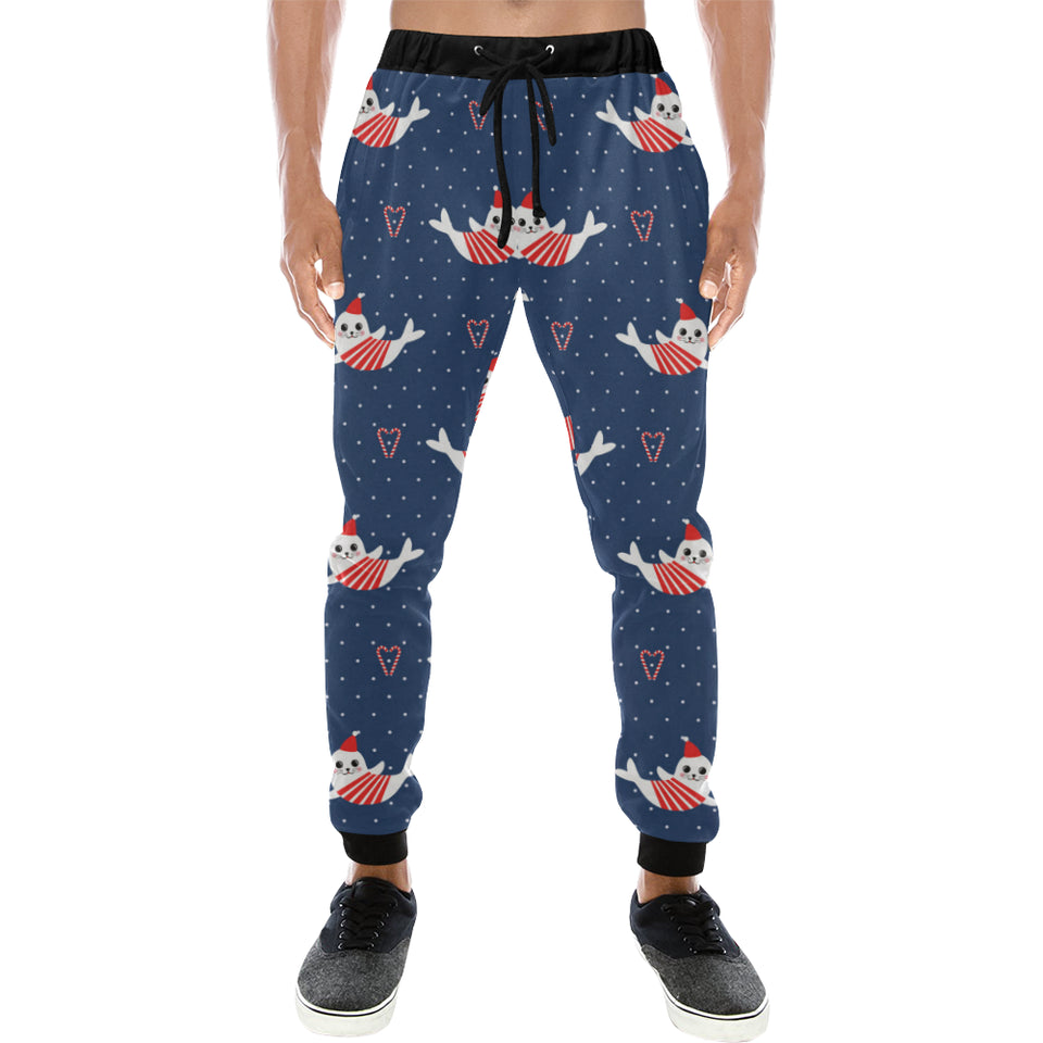 Cute sea lion seal christmas hat candy cane heart Unisex Casual Sweatpants