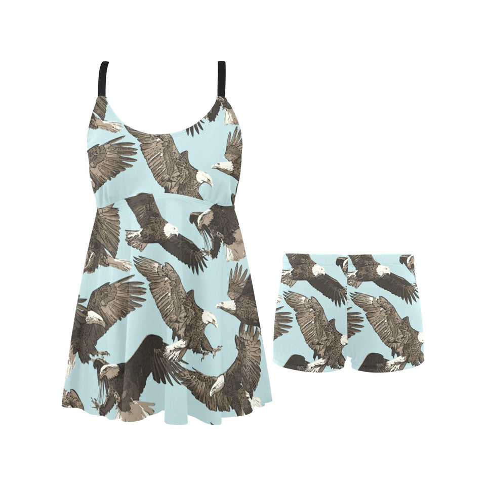 Eagle Pattern Print Design 01 Chest Sexy Pleated Two Piece Swim Dress