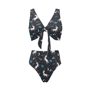 unicorn rainbows moon clound star pattern Chest Bowknot High Waisted Bikini Swimsuit