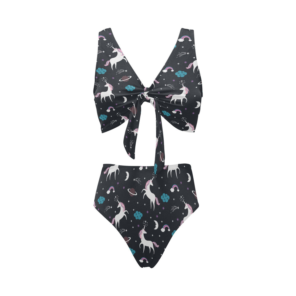unicorn rainbows moon clound star pattern Chest Bowknot High Waisted Bikini Swimsuit