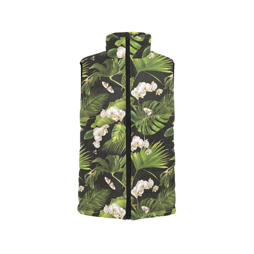 White orchid flower tropical leaves pattern blackg Men's Padded Vest