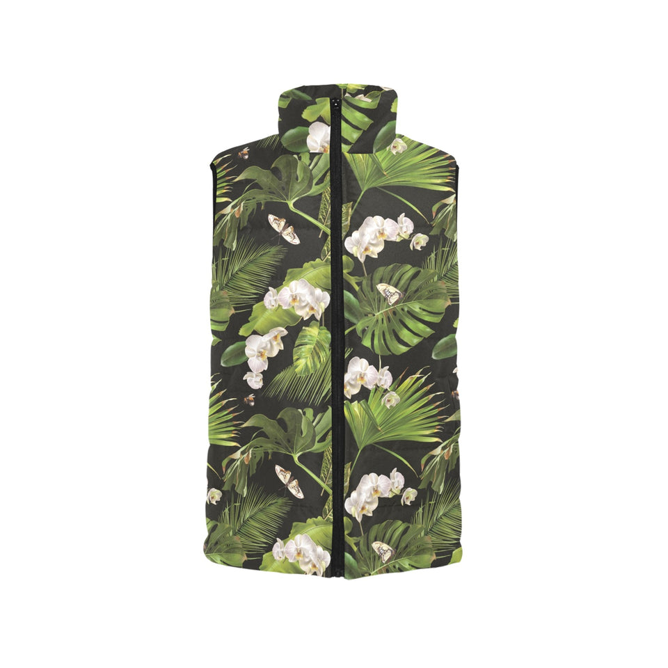 White orchid flower tropical leaves pattern blackg Men's Padded Vest