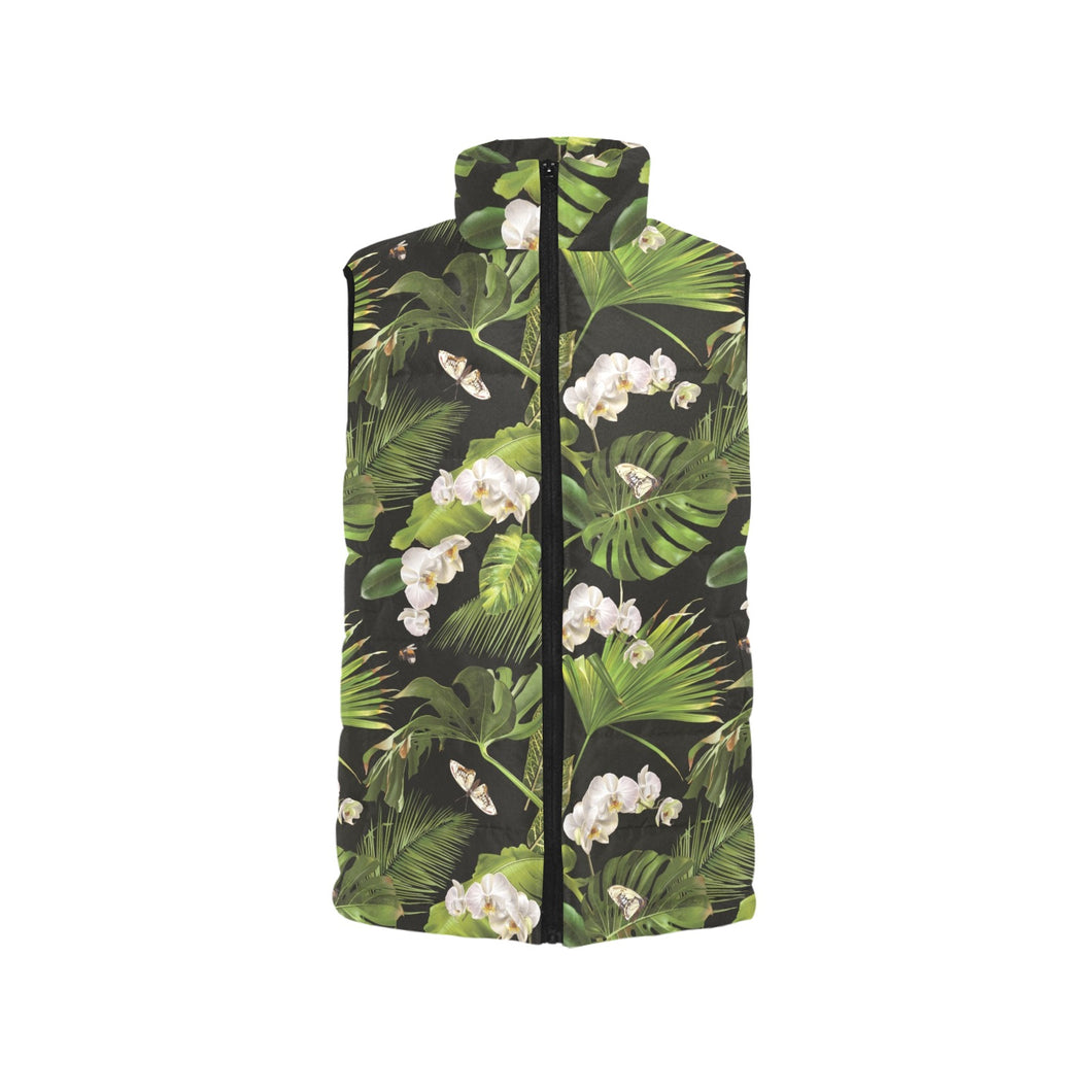 White orchid flower tropical leaves pattern blackg Men's Padded Vest