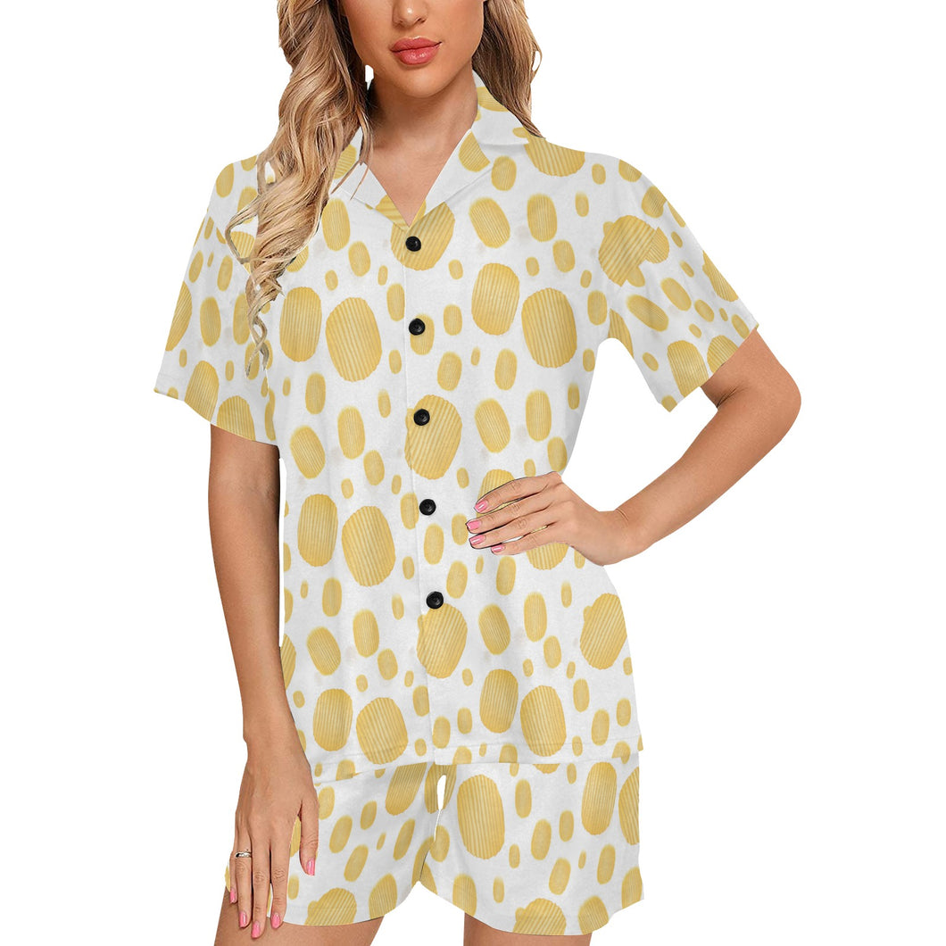 Potato Chips Pattern Print Design 03 Women's V-Neck Short Pajama Set