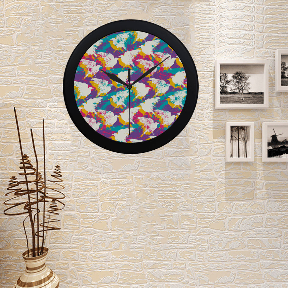 Colorful crow illustration pattern Elegant Black Wall Clock