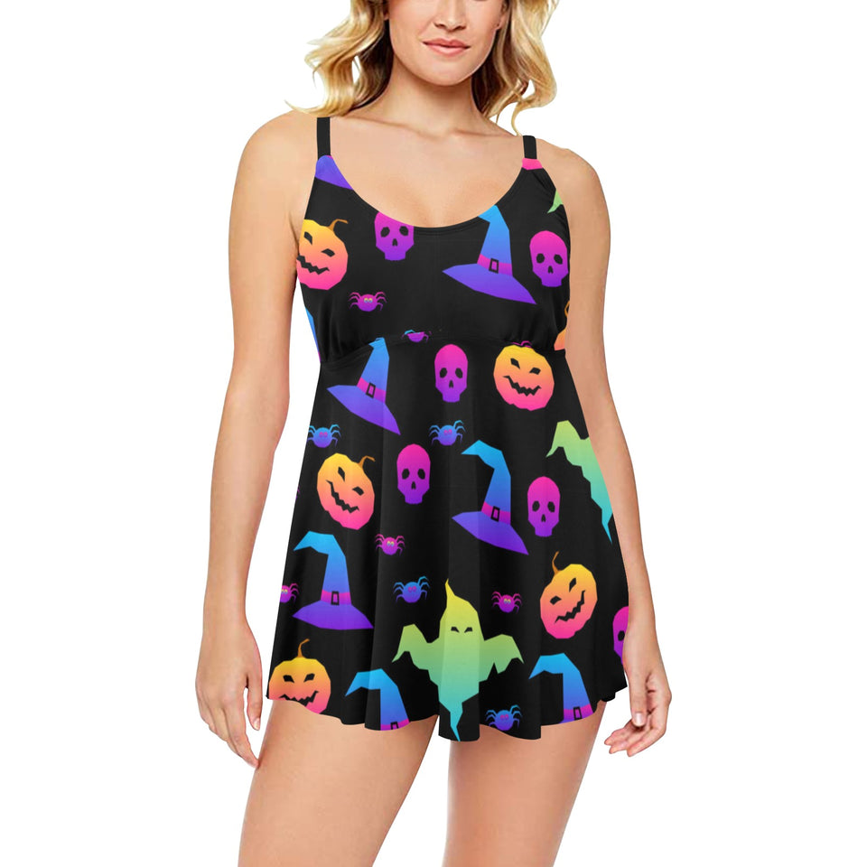 Colorful halloween background Chest Sexy Pleated Two Piece Swim Dress