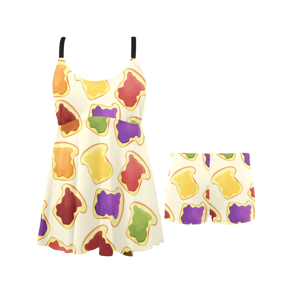Bread Toast Pattern Print Design 02 Chest Sexy Pleated Two Piece Swim Dress