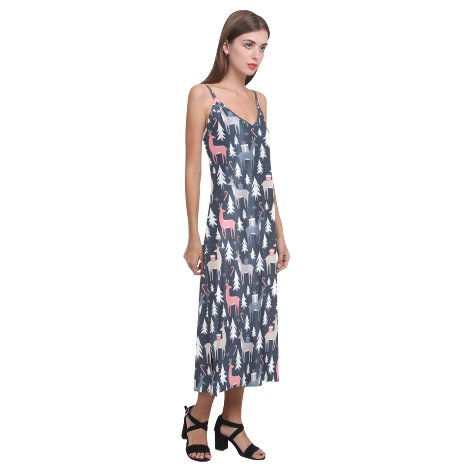 Deers Winter Christmas pattern V-Neck Open Fork Long Dress