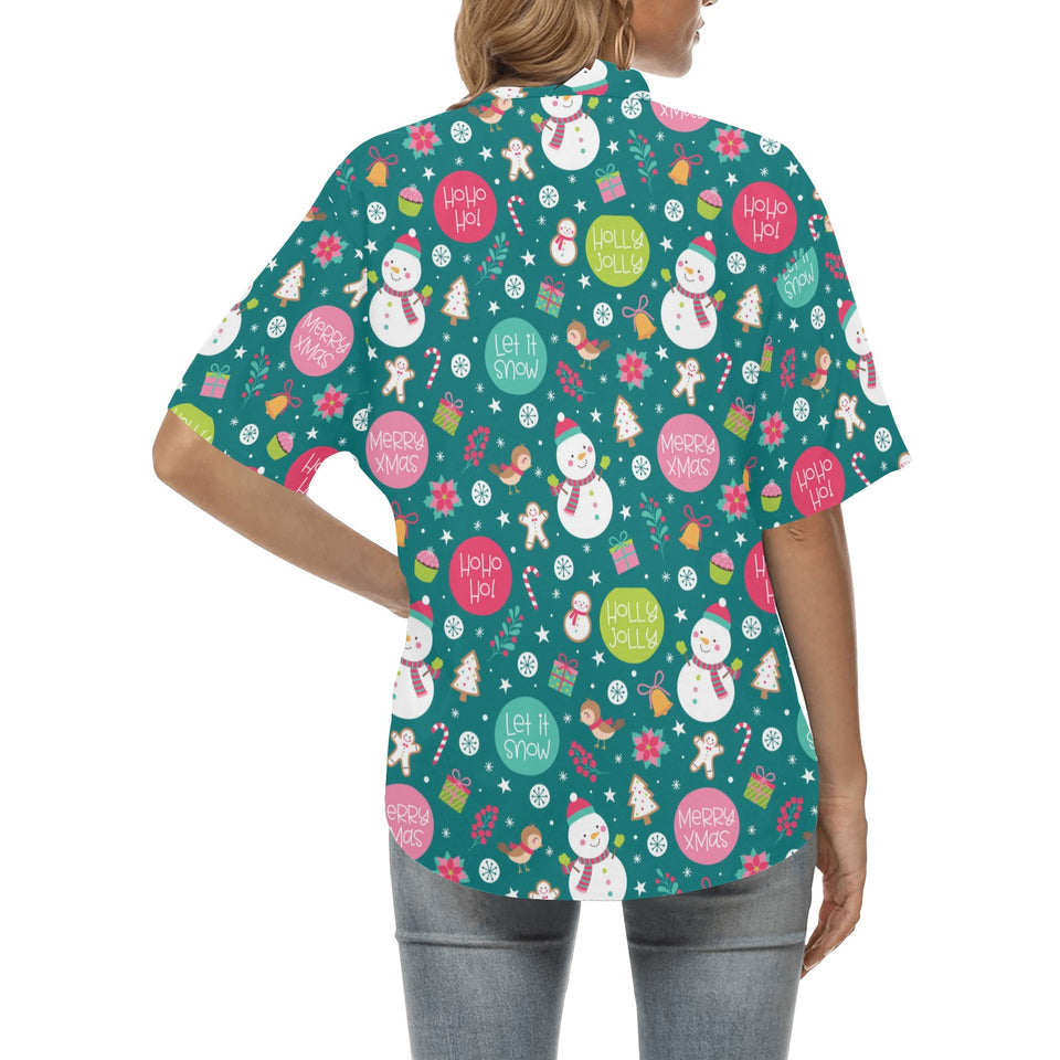 Snowman bird decorative elements christmas pattern Women's All Over Print Hawaiian Shirt