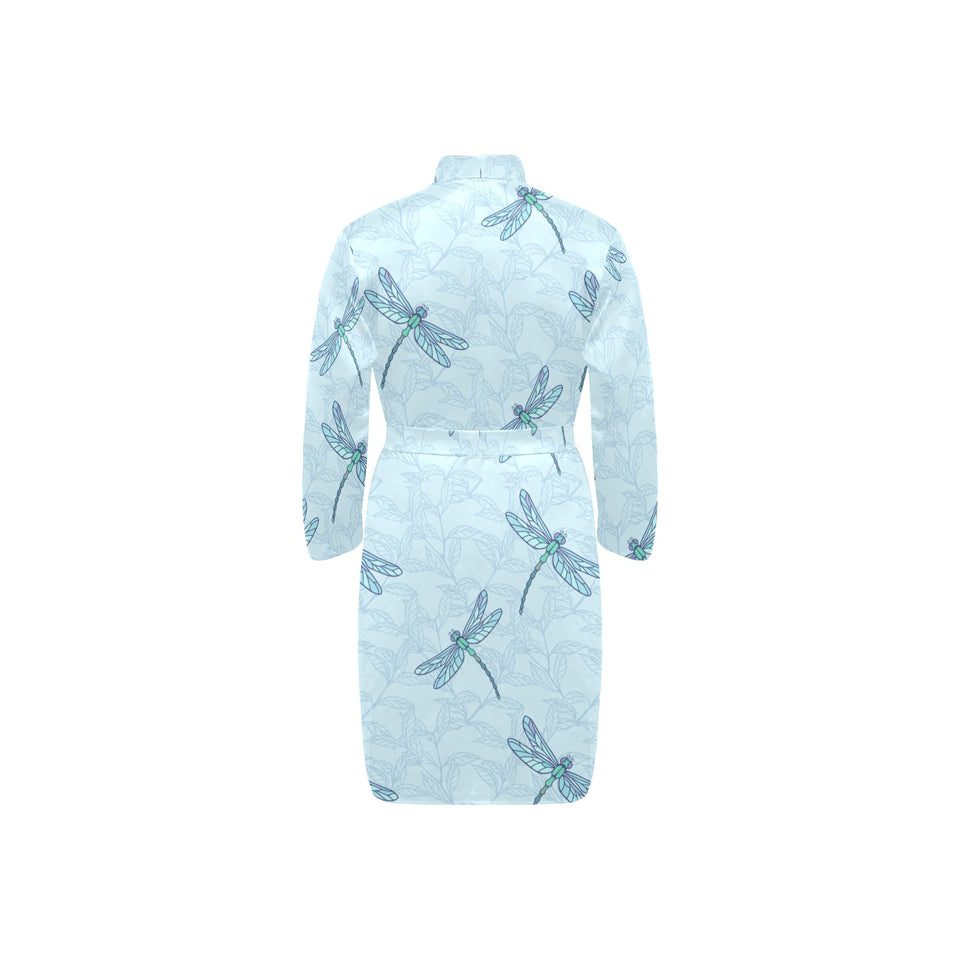 Dragonfly pattern blue background Men's Long Sleeve Belted Night Robe