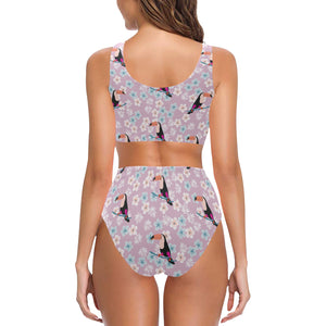 Beautiful toucan flower leaves Chest Bowknot High Waisted Bikini Swimsuit