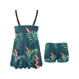 heliconia flowers, palm and monstera leaves on bla Chest Sexy Pleated Two Piece Swim Dress